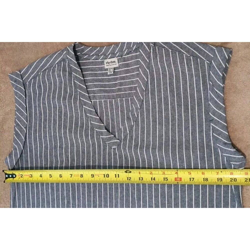 Rhythm. made For adventure Dress Linen Blend Denim Blue Stripe Sleeveless V Neck - Picture 12 of 13